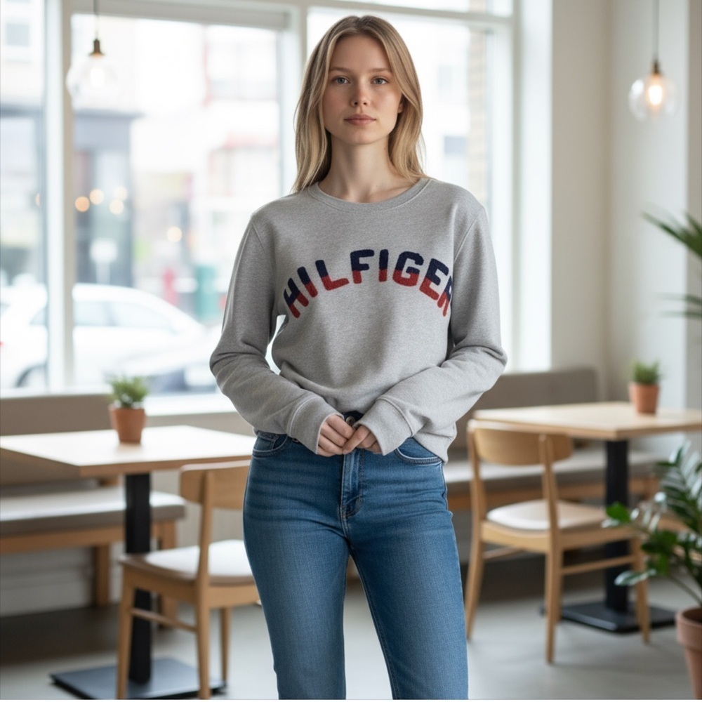 Tommy Hilfiger Logo Crewneck Sweatshirt Pullover Gray Size Medium